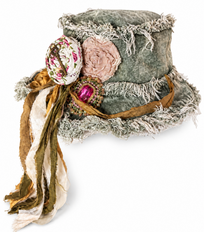 One-of-a-Kind Sage Mineral Washed Bucket Hat with Handmade Embellishments