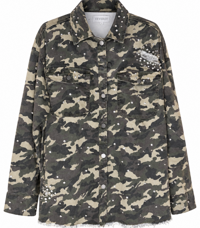 Camo Button Denim Jacket with Rhinestones