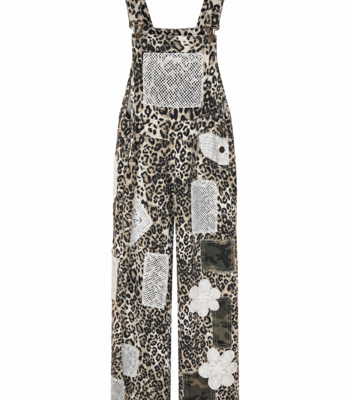 Leopard Print Denim Overalls with Accent Pockets