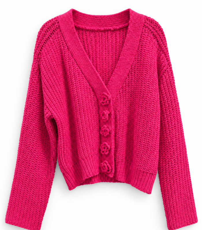 A bold button-front sweater in hot pink with sweet flower detailing. Cozy, feminine, and full of fun.