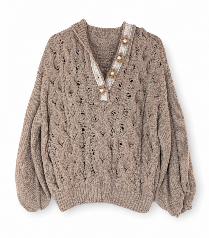 Mocha Flower Button Sweater